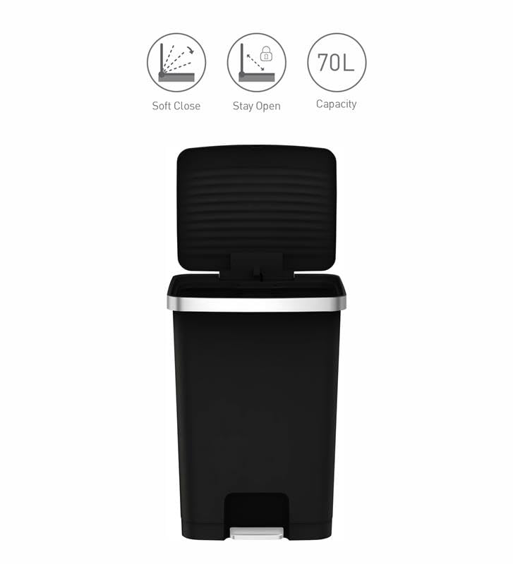 Image of Obsessions EKO 70L Plastic Step Bin with Pedal, Large Capacity Trash Can Ideal for Home, Kitchen and Office, Black