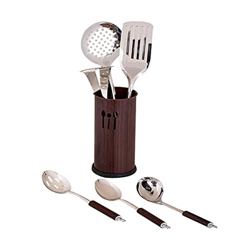 Kosma Kitchen Utensil Set including Holder, 7-Piece Stainless Steel and Wood Finish Handle Cooking Tools, Brown - Image 4