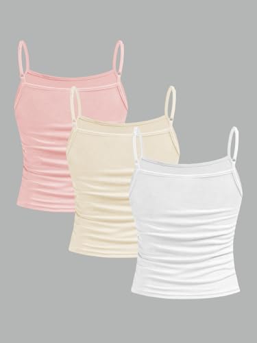 Image of SOLY HUX Girl's Tank Tops 3 Packs Cute Ruched Spaghetti Strap Camisole Slim Fit Undershirts