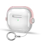 HEIGKOIK 【2024年発売】Airpods 4 ケース AirPods 第4世代 ケース TPU 透明 ロック付き 装着充電可能 耐衝撃 軽量 キズ防止 おしゃれ ワイヤレス充電対応 カラビナ付き Airpods 4 対応 保護カバー スタンド機能付き（透明+ピンク）