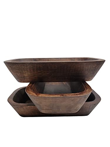Bndplus 3 Set Walnut Antique Small Wooden Dough Bowl Oblong Hand Carved For Home Decor, Rustic Bowl L9.8 X W5.5 X H1.7 Inches #TOP1