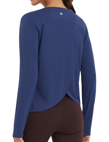 Reviews de Ropa de Atletismo para Mujer los mejores 5. 48 Baleaf - Camisetas de manga larga para mujer, UPF 50+, camisetas de entrenamiento con rayos UV, atléticos, espalda dividida, secado rápido, ligeras, Azul marino, M