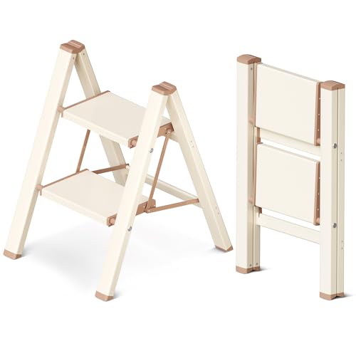 GameGem 2 Step Ladder, Aluminum Folding Step Stool with Anti-Slip Sturdy and Wide Pedal, Lightweight Portable Multi-Use Stepladder for Home and Kitchen Use Space Saving, 330 lbs, Chocolate White