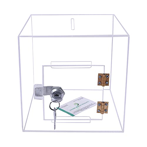 Image of Rasper Transparent Acrylic Donation Box Daan Patra Daan Peti Visiting Card Drop Ballot Charity & Coupon Collection Box (Small Size 6x6x6 Inches, Square Shape) with Lock Facility