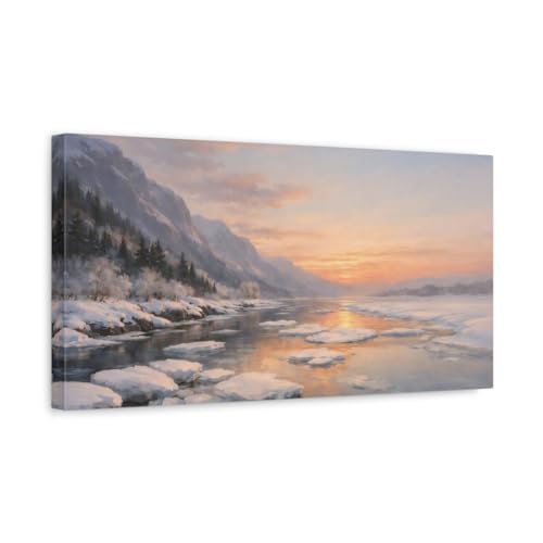 Toile paysage d'hiver avec rivière pour créer un salon cocooning au coucher de soleil
