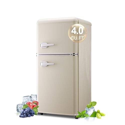 BINMIT Retro Mini Fridge with Freezer 4.0 Cu. Ft, Small Refrigerator with 7 Level Adjustable Thermostat, Compact Classic Dual Door Fridge Removable Glass Shelves for Apartments, Dorm, Office, Cream