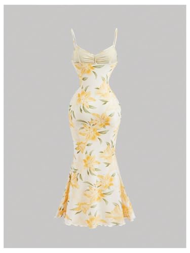 Image of Milumia Women's Floral Tie Knot Mesh Cami Dress Boho Ruched Bust Fishtail Long Dresses