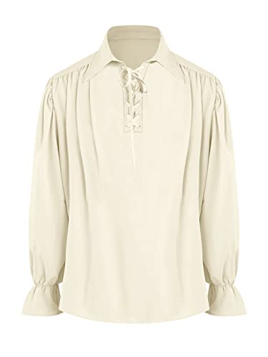 Mens Pirate Medieval Shirt Renaissance Costume Cosplay Victorian Gothic Tee Viking Vampire Tops, Beige, XXL