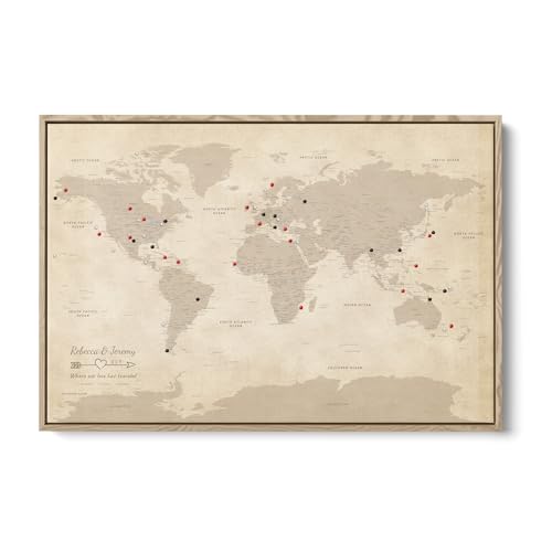 Image of Vintage Canvas Travel Pin Map of the World - Oversized Antique Style World Map with Pins - Personalized Framed Wall Art - Natural Float Frame - 34 inch x 51 inch
