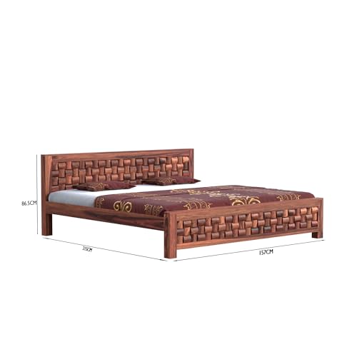 Image of Solid Sheesham Wood Queen Size Bed Without Storage | Wooden Double Bed Cot Bed for Bedroom Furniture | Palang Double Bed for Hotels | Niwar Patti Design, Honey