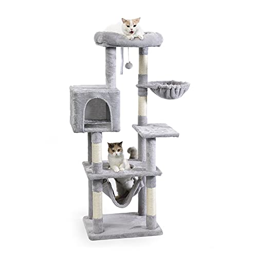 AIFY キャットタワー 据え置き型 ハンモック おもちゃ付き グレー
