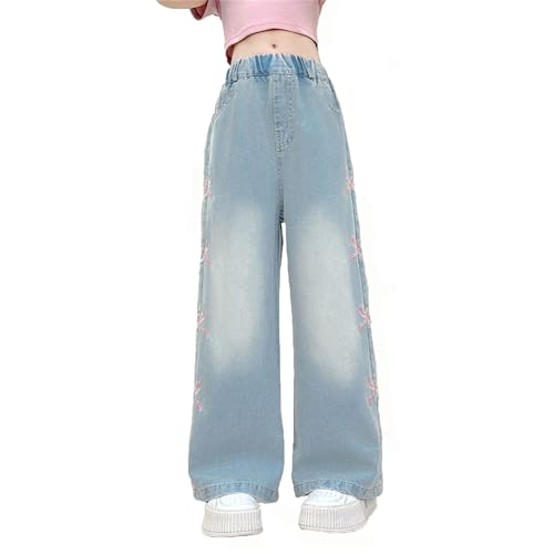 Bow Jeans for Girls Wide Leg Baggy Denim Pants Cute High Waisted Trousers Teen Y2k Clothes with Pockets 3-14Y