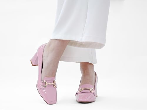Image of Womens Mid Block Chunky Heeled Loafers Closed Square Toe Patent Leather Comfortable Slip On Pumps Metal Chain Basic Classic Casual Work Office Dress Shoes 2.8 Inches Heels