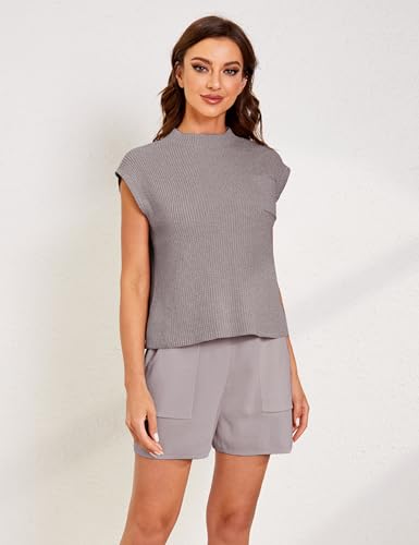 Image of Fiona Jolin Women's Sleeveless Knit Sweater Vest Vintage Cap Sleeve Casual Mock Neck Tank Top with Front Pocket