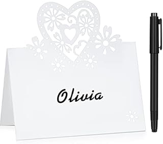 50 Pack Wedding Table Place Name Cards Hollow Seat Cards Greeting Cards Table Number Name Place Card with Pen for Holiday Wedding Party Decoration(White Heart)