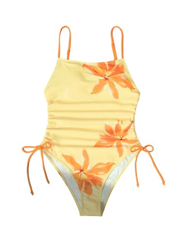 Floerns Women's One Piece Swimsuit Flower Print Drawstring Side Bathing Suit