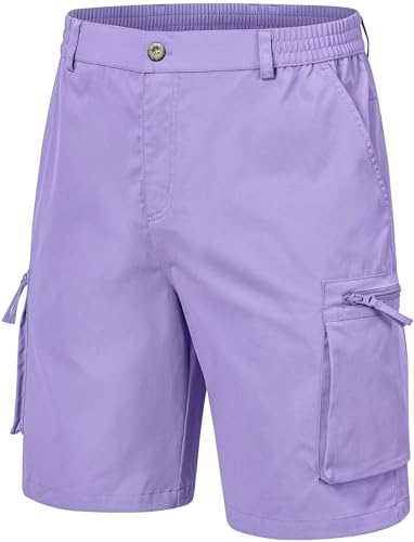 QPNGRP Mens 9 Inseam Stretch Waist Zipper Cargo Shorts with 6 Pockets Purple 36