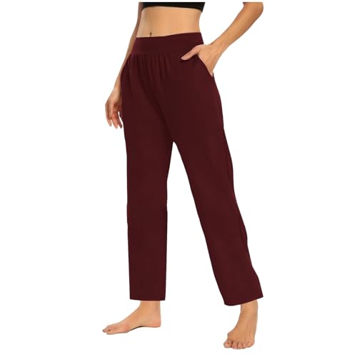 Pantalones de tela para mujer con cintura elástica y bolsillos laterales holgados