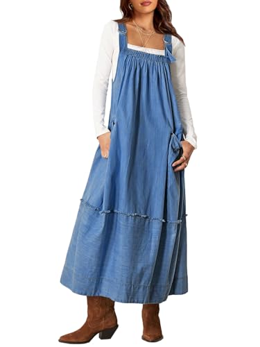 Cicy Bell Women's Denim Overall Dress Casual Adjutable Strap Back Drawstring Loose Jumper Bib Maxi Dresses with Pockets