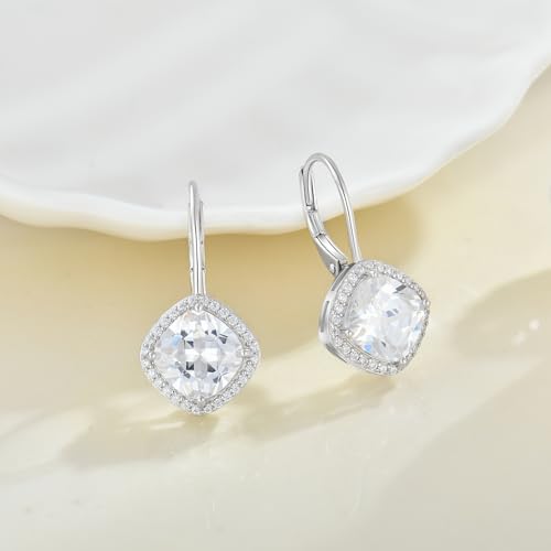 Square Princess Cut Dangle Drop Earrings 925 Sterling Silver Halo Solitaire Leverback Earrings Birthstone Jewelry for Women4
