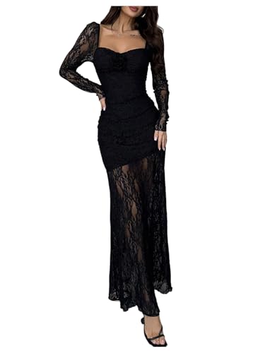 GORGLITTER Women's Lace Flower Bodycon Maxi Dresses Elegant Classy Long Sleeve See Through Cocktail Birthday Goth Dress Black Medium