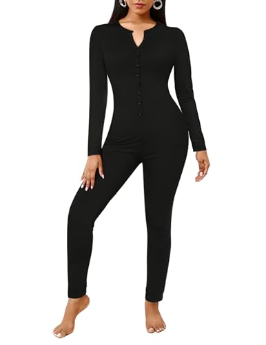 Ekouaer Mono para Mujer Cálido Pijamas de una Pieza Cómodo Pijama Mono Camisones con Botones Monos Ropa de Descanso M