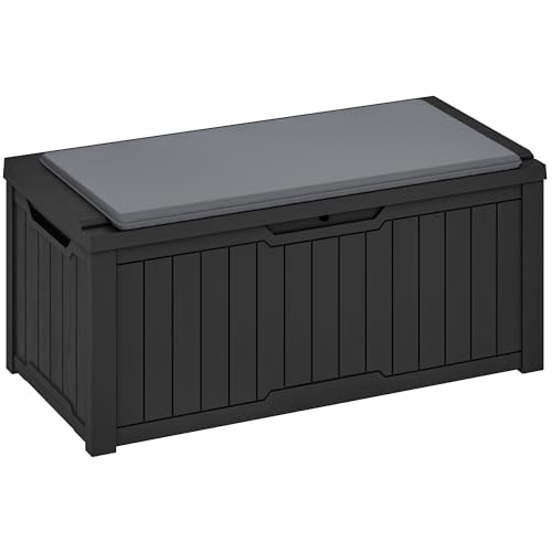 YITAHOME 120 Gallon Outdoor Storage Deck Box with Cushion, Large Resin Patio Storage for Outdoor Pillows, Garden Tools and Pool-Supplies, Waterproof,Lockable (Black) Deck Box w/Cushion 120 G