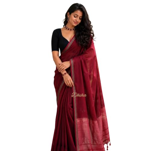 Image of Narayanpet Pure Cotton Avani Border Saree for Women with Running Blouse | Tassels | Traditional Woven Solid Design | Handloom Weave