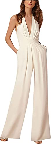 Vagbalena Frauen sexy hängenden Hals Langen V-Ausschnitt schlicht Sieben-Punkt-Ärmel Chiffon Jumpsuit Elegante Hochzeit Gast Kleid mit Taschen hohe...