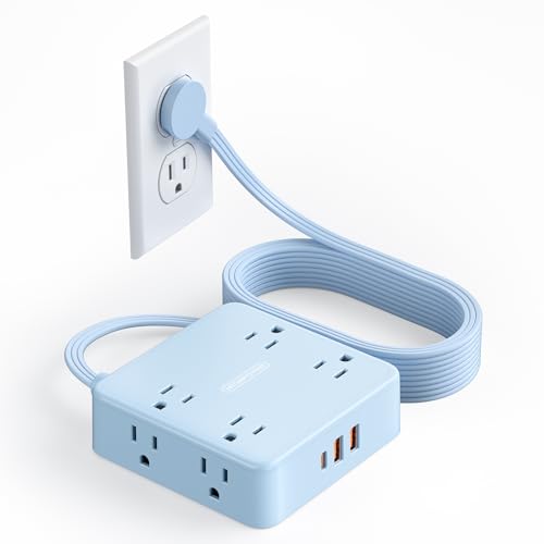 5 FT Blue Extension Cord, Power Strip with 8 Outlets 3 USB Ports, 3 Prong, Wall Mount Flat Plug Outlet Extender for Home Office, WideCube - image 1