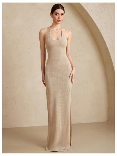 Women's Tie Backless Scoop Neck Maxi Dress Sleeveless High Split Criss Cross Beach Vacation Dresses4