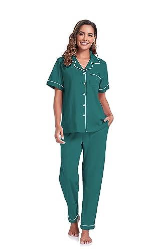 Image of COLORFULLEAF Women's 100% Cotton Pajamas Set Button Down Sleepwear Short Sleeve Shirt and Long Pants Soft Ladies Lounge Sets