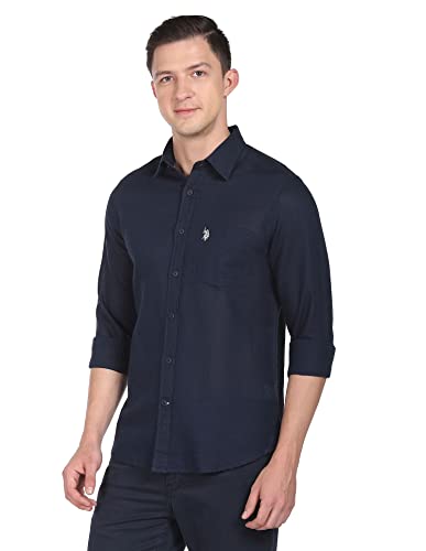 Image of U.S. Polo ASSN. Men's Solid Cotton Linen Tailored Fit Spread Collar Casual Shirt