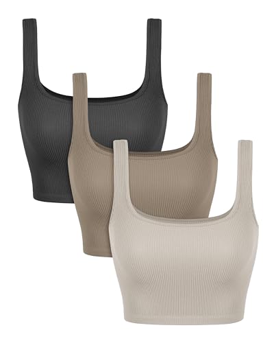 Image of ODODOS 3-Pack Seamless Square Neck Crop Tank for Women Ribbed Knit Soft Low Back Cropped Tops