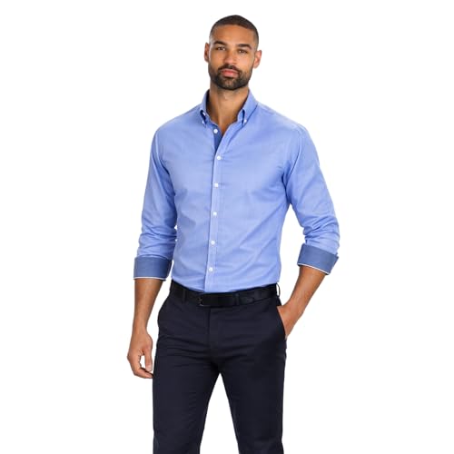 Mens Long Sleeve Shirt Tailored Fit Easy Iron Collared Button Up Poplin Smart Casual Business Wedding Office Shirt (Light Blue CONTRST, 15.5)