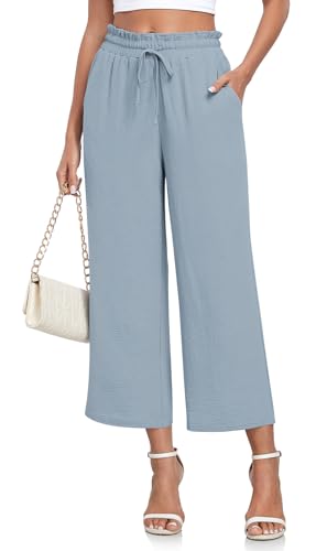 CATHY Womens Casual Wide Leg Pants Drawstring High Waisted Trousers with Pockets