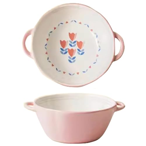 Meiiron Soup Bowls 1300 ml, White Ceramics Bowls with Handles, Deep Cereal, Serving Bowl for Salad, Rice, Pasta - 1Pc (Color : Pink)