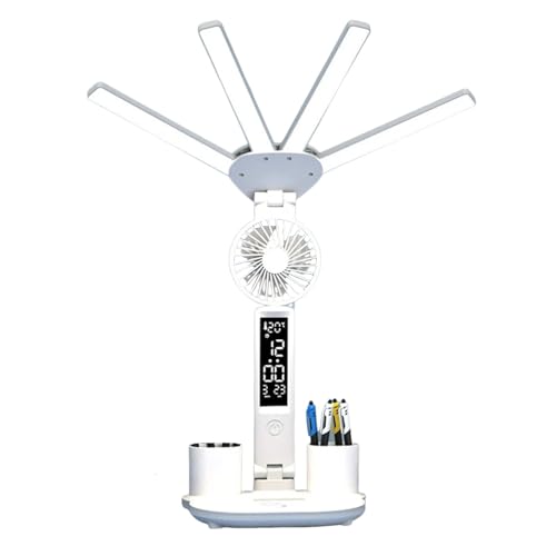 Lámpara de escritorio LED para oficina y hogar, lámparas de escritorio con ventilador, lámpara de mesa brillante de cuatro cabezas, lámpara de mesa plegable ajustable con reloj, fecha, ventilador