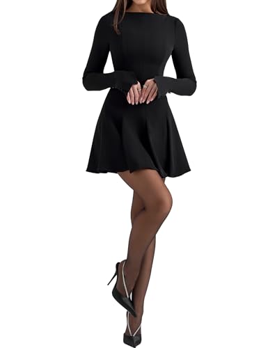Azhong Women's Long Sleeve Boat Neck Bodycon Mini Dress Pleated Fit and Flare Simple Y2K Prom Dress2