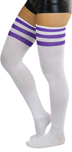 Image of ToBeInStyle Women's Heavyweight Knit Thigh High Long Socks w /Contrast 3 Stripe Top Band
