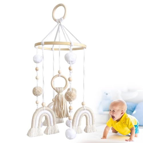 wllqinte Regenbogen Mobile Baby Holz mit PomPom, Baby Windspiel, Mobile babybett, Windspiel Rassel Spielzeug, Deko Hängende Geschenk für Junge Mädchen Neugeborenen Kinderzimmer Babyparty