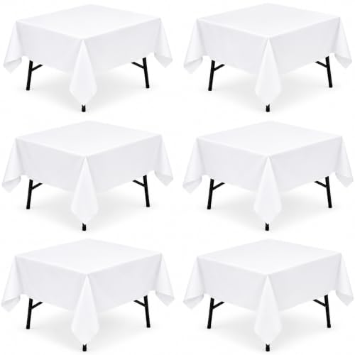 Image of 6-Pack 60x60 inch White Table Cloths, Solid Stain and Wrinkle Resistant Tablecloth, Premium Plain Weave Polyester Fabric Rectangle Table Linen Covers for Hotel, Banquet