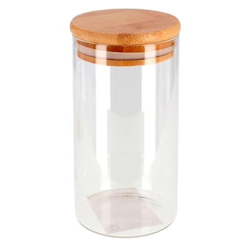 Bote redondo de cristal de borosilicato 1700 ml con tapa de madera de bambú, recipiente, tarro de almacenamiento para guardar café, galletas, legumbres, especias 28 x 10 cm