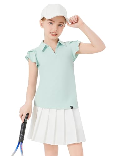 Image of Soneven Girls Ruffle Sleeve Polo Shirts V-Neck Golf Tennis T-Shirts Uniform Shirts Quick Dry for 4-14 Years