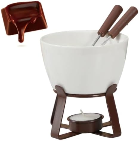 DAGLLGEW Chocolate Fondue Set, Ceramic Mini Fondue Set, Cheese Chocolate Melting Pot with 2 Forks, 300ml Butter Warmer for Party, Home, Birthday, Picnics, No Candle, 3Pcs - 3