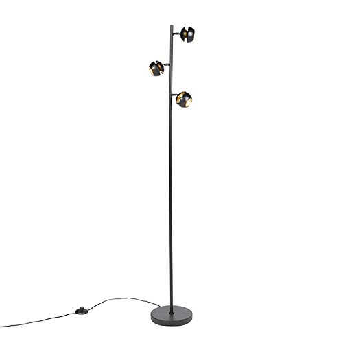 Qazqa - Modern Floor Lamp 3 Black with Gold - Buell Deluxe- - Modern - Suitable for LED GU10 | 3 Light - Steel Floor lamp - Suitable for Living Room I