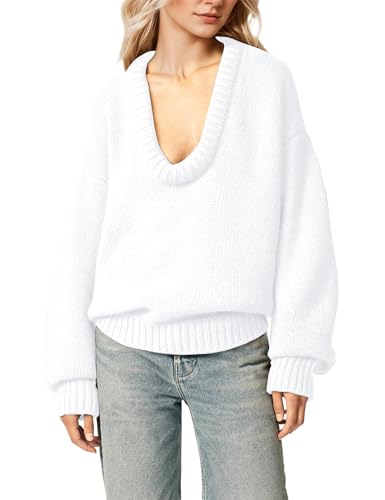 Image of MISSACTIVER Women's Low Cut U Neck Oversized Sweater Casual Solid Long Sleeve Drop Shoulder 2024 Winter Pullover Jumper Tops Beige