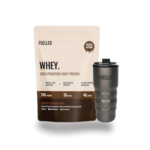 Image of Fuelled Whey Protein Powder Concentrate & Isolate with 24 g Protein, 5 g BCAA (3 kg, 90 Servings) Lab Tested with Plastic Shaker (Midnight Chocolate Shake)