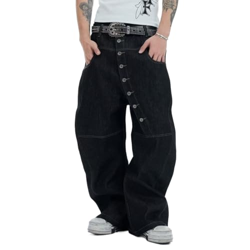 Unisex Y2k 90s Vintage Curved Long-Row Multi Button Wide Leg Jeans Hiphop Punk Street Grunge Loose Casual Denim Pants