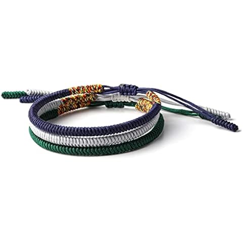 Tibetan Buddhist Handmade Lucky Knot Rope Bracelet (Set of 3 - Navy Blue, Silver, Dark Green) Cover